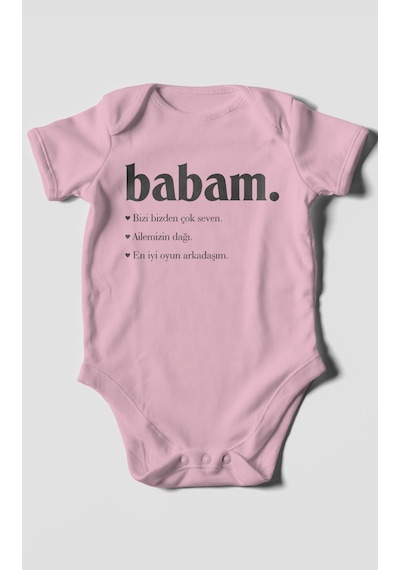 Babam Baskılı Bebek Zıbını Çıtçıtlı Body 8 Renk %100 Pamuk Kısa Kol Koyu Pembe