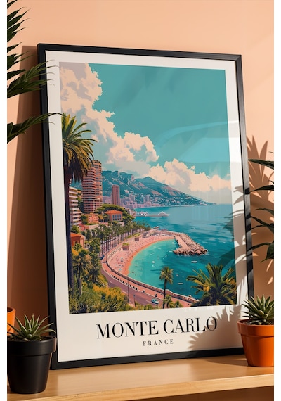Monte Carlo France Vintage Seyahat Posteri Çerçeveli Tablo - Premium Akdeniz Elit Duvar Dekoru Siyah