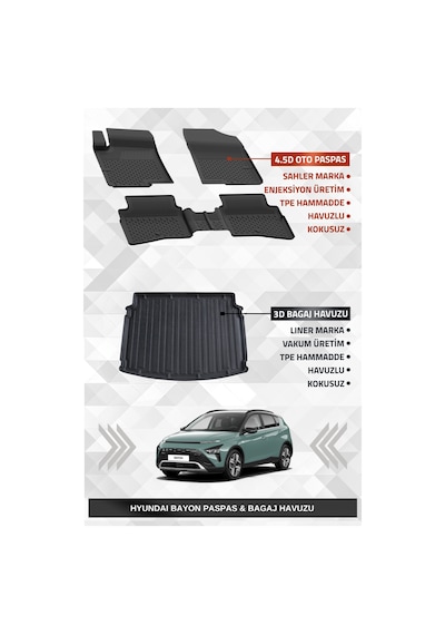 Sahler Hyundai Bayon 2021+ Uyumlu 4.5d Premium Havuzlu Paspas Ve Liner Marka 3d Bagaj Havuzu