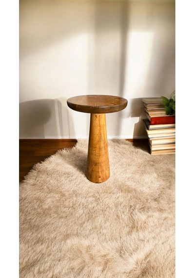 Wood Wooden Ahşap Konik Model Tekli Mantar Yan Sehpa Modern Tik Ağacı Renk Fiskos Tik Ağacı
