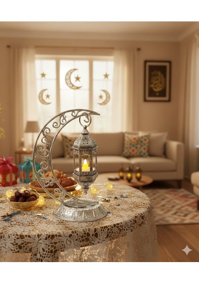 28 Cm Ramazan Dekoratif Masa Üstü Hilal Gümüş Plastik Tabanlı Süs Diğer