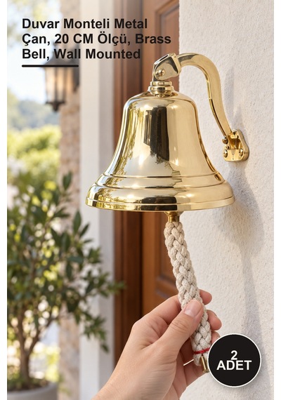 2 Adet Pirinç Duvara Asmalı Çan Duvar Monteli Metal Çan, 20 Cm Ölçü, Brass Bell, Wall Mounted