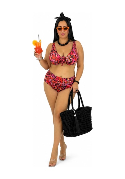 Büyük Beden Bağcık Detaylı Leopar Desenli Yüksek Bel Kadın Bikini Takımı