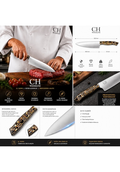 CH woodline 4116 Alman Çelik Santoku Ve Guyuto Bıçak Seti 2 Parça Profesyonel Şef Bıçağı, Verzalit Sap, Ergonomik Mutfak Bıçak Seti çok renkli -