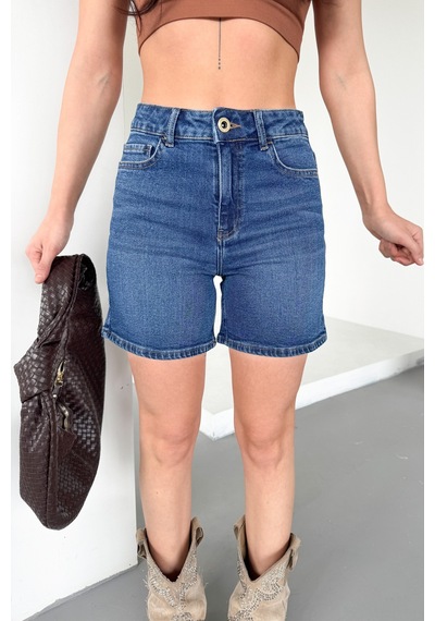 HLT Jeans Kadın Açık Mavi Yıkamalı Mom Fit Yüksek Bel Likralı Denim Şort Lily-açmavi