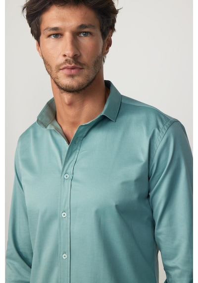 Tudors Slim Fit Likralı Düz Pamuk Saten Yeşil Erkek Gömlek-29715-yeşil Yeşil