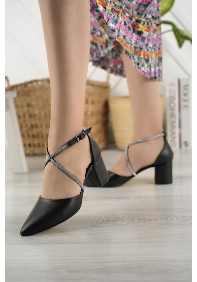 Nesil Shoes Elva 054 Siyah Taşlı Topuklu Kadın Ayakkabı-siyah Siyah