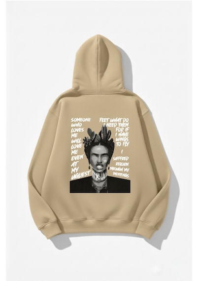 Uyguntarz Unisex Yumuşak Dokulu Frida Kahlo Viva La Vida Baskılı Tasarım Oversize 3 İplik Hoodie Sweatshirt Bej