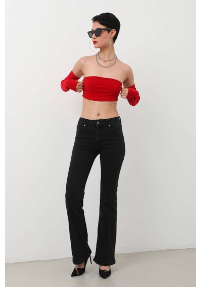 Kadın Yüksek Bel Flare Jean Pantolon Siyah 001