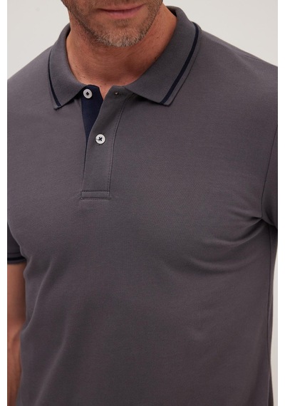 Tudors Erkek Slim Fit Dar Kesim %100 Pamuk Yumuşak Dokulu Serin Tutan Kumaş Düz Pike Füme Polo Yaka Tişört-42248 Füme