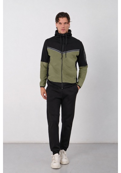 Dechers Erkek Siyah Tech Fleece Double Face Kapüşonlu Fermuarlı Eşofman Takımı - E228 Haki
