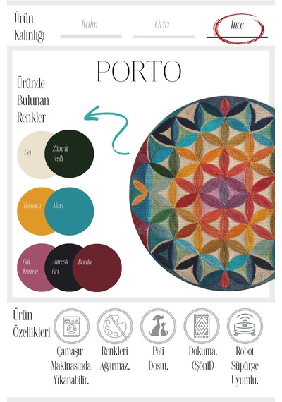 Porto 75 Renkli Geometrik Soyut Sanatsal Tasarım Yuvarlak Balkon Halısı Antre Halısı Mutfak Halısı Renkli A