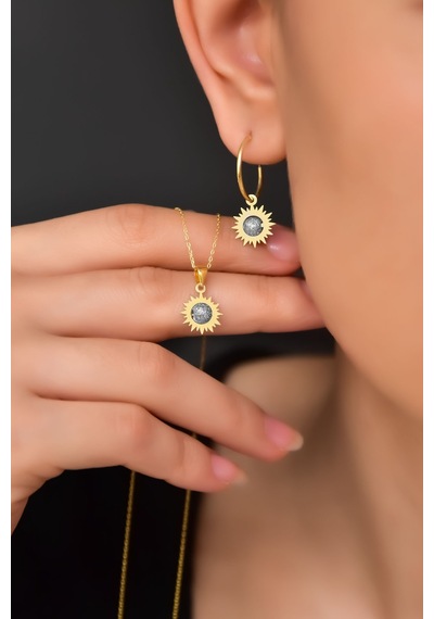 Papatya Silver 925 Ayar Gümüş Rodyum-Gold Kaplama Sim Toplu Kesim Güneş Kolye ve Küpe Set