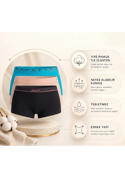 Jakoft Classic Pamuklu Kadın Boxer 3'lü Paket Siyah - Mavi - Ten