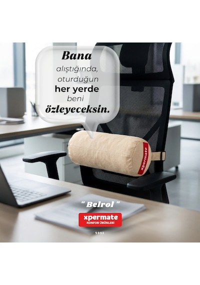 Belrol Bel Destek Yastığı Seyahat Sırt Bel Destek Minderi Yıkanabilir Kılıflı Bej