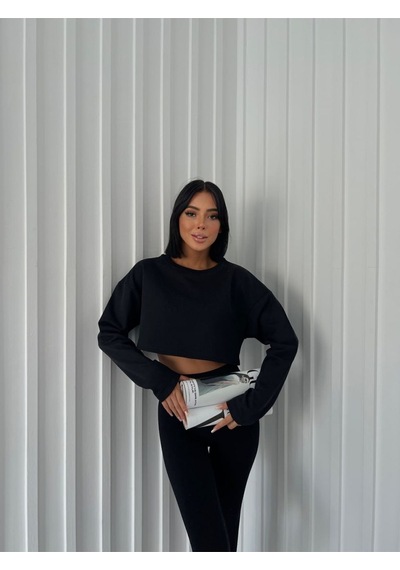 Siyah Crop Bisiklet Yaka Sweatshirt Siyah