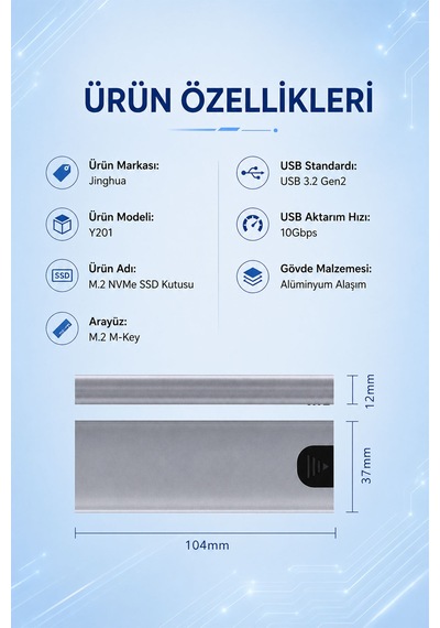Usb 3.2 Gen2 10gbps M.2 Nvme Ssd Kutusu Harici Taşınabilir Alüminyum Alaşım Disk Kutusu Uasp Trım Komut Desteği Akıllı Uyku Modu 2230 2242 2260 2280 Y201