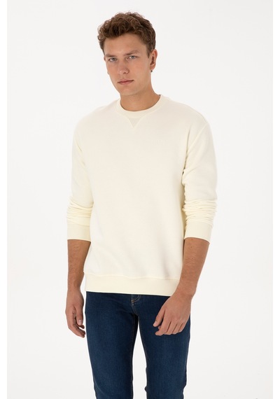 U.S. Polo Assn. Erkek Comfort Fit Bisiklet Yaka Şardonlu Krem Basic Sweatshirt 50313757-VR256