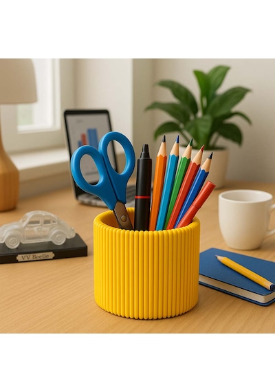 Özel 3d Baskı Ayrılabilir 4 Bölmeli Kalemlik Masa Vb. Kalemliği Çapı: 8,5 Cm X Yükseklik: 8 Cm Sarı