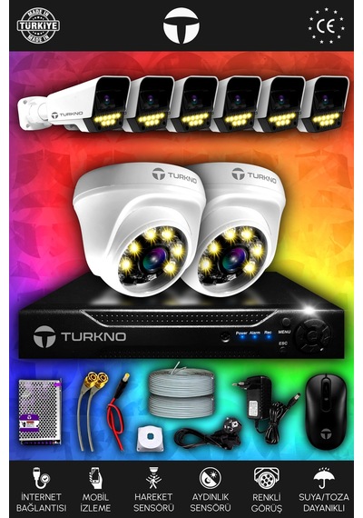 Turkno 8 Kameralı Supia 2 İç Kamera Set HDD'siz 5 MP 2K Net Renkli Gece Görüşlü Güvenlik Kamerası Sistemi
