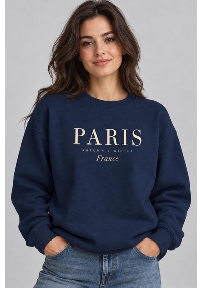 Gıovera Paris Şehir Yazılı Bisiklet Yaka Kadın Sweatshirt Lacivert
