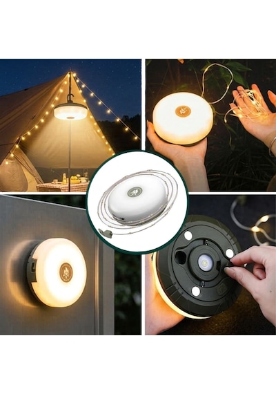 2 Si 1 Arada 5 Farklı Işık Modlu Gün Işığı Şarjlı Kamp Lambası Ve Makaralı 10 Metre Peri Led Işık Su Geçirmez Mıknatıslı Aydınlatma Feneri -