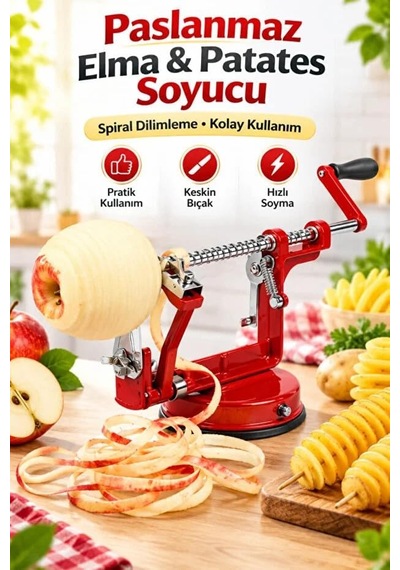 Paslanmaz Çelik Spiral Elma Patates Soyucu Dilimleme Makinesi Vantuzlu Dilimleyici Slicer Kırmızı