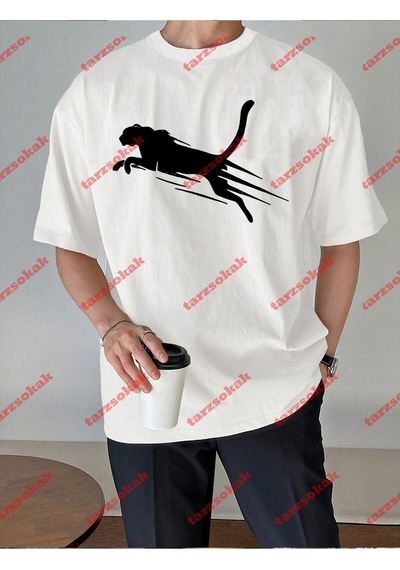 Startmore Unisex Jaguar Baskılı Tshirt Beyaz Beyaz