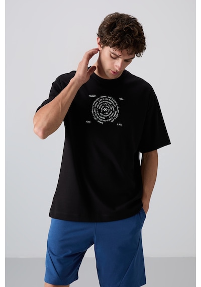 Tommy Life Siyah - Beyaz Pamuklu Kalın Yumuşak Dokulu Oversize Fit Baskılı Erkek T-shirt - 88324 Siyah - Beyaz