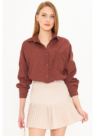 Armonika Kadın Kahve Cepli Oversize İnce Fitilli Kadife Gömlek Arm-24k001076