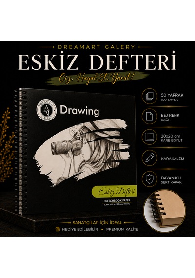 Dreamartgalery Eskiz Defteri 50 Yaprak Bej Kağıt Spiralli Sert Kapaklı Çizim Defteri 20x20 Cm