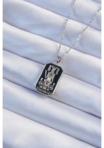316l Çelik Zincir Gümüş Renk Siyah Mineli Tarot Kolye Çok Renkli