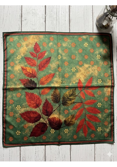 Trend Dokunuş Kadın 50-50 Saten Yaprak Desenli Fular Bandana Yeşil
