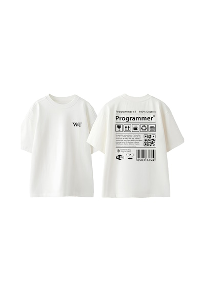 Thewert Programmer Tasarım Sırt Baskılı Pamuk Beyaz Oversize T-shirt