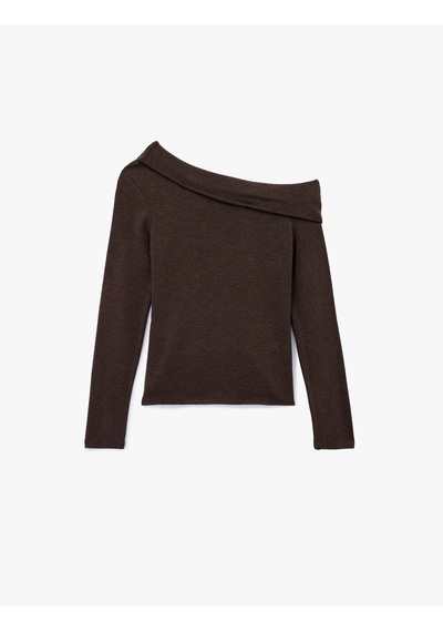 Koton Slim Fit Uzun Kollu Omzu Açık Tişört Kahverengi 6wal10464ık Kahve
