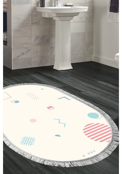Kaymaz Dijital Mutfak & Salon Halı Trend Saçaklı Oval Geometrik E5015 Beyaz