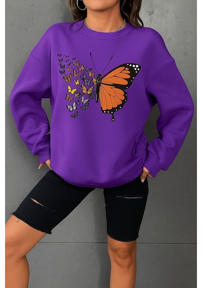 Benroma Kelebek Baskılı Unisex Sweatshırt Mor
