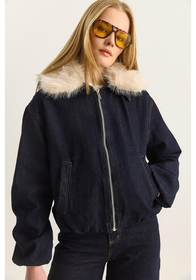 Shade Kadın Seyyar Suni Kürk Yaka Astarlı Cep Detaylı Denim Bomber Ceket Pantolon Takım 6058 60283898 - Lacivert