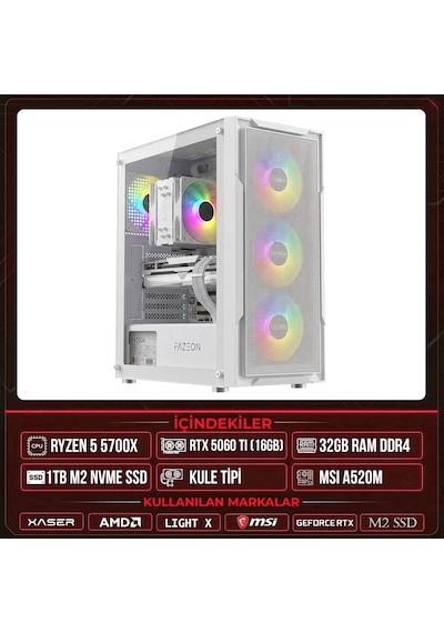 Xaser Light X40 R7-5700X 32 GB 1 TB M.2 NVMe SSD 16 GB RTX5060 Ti Free Dos Oem Paket Masaüstü Oyuncu Bilgisayarı
