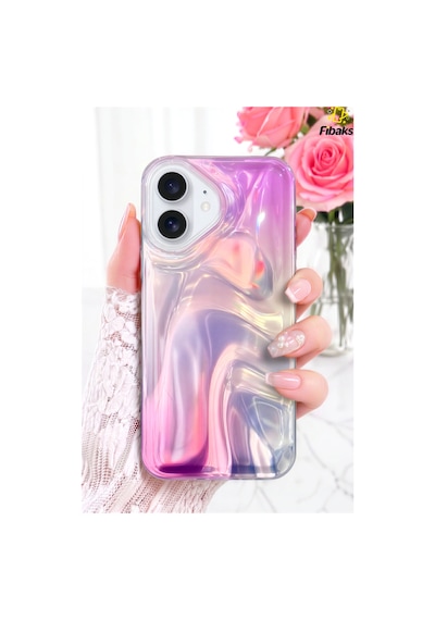 Fibaks iPhone 17 Uyumlu Kılıf Rüya Shine Saten Dokulu Renk Geçişli Hologram Efektli 3d Baskılı Silikon