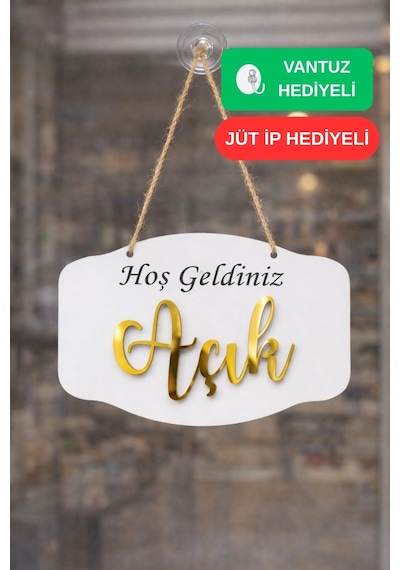 Gold Pleksi Detaylı 3d Ahşap Açık-kapalı Tabelası - Beyaz