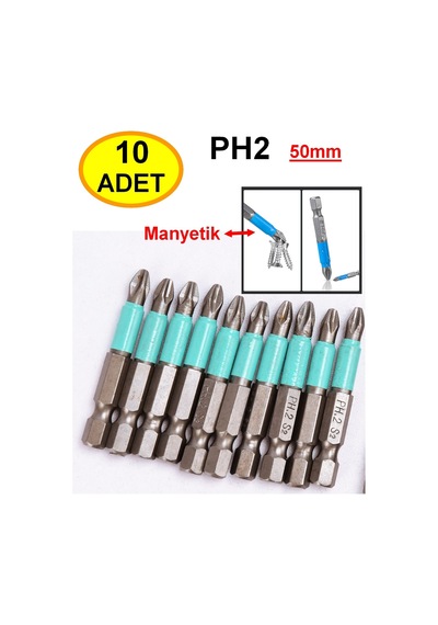 10 Parça Ph2 Manyetik Tornavida Uç Seti 50mm Uzunluk Altıgen Şaftlı Yıldız Başlı Matkap Ucu Kaymaz Çapraz Tornavida Ma
