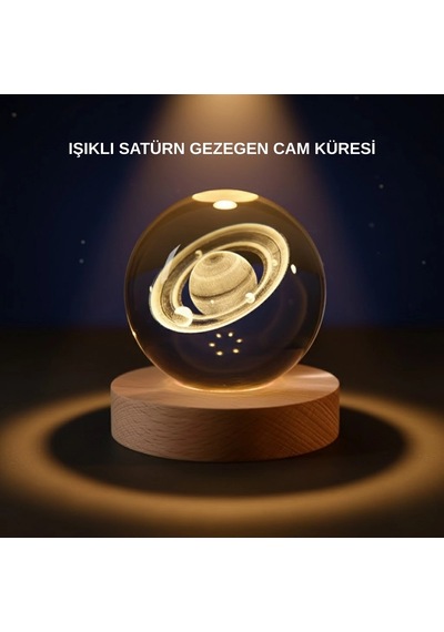 Hubrendy Kargo Satürn Desenli Kristal Küre Led Gece Lambası Ahşap Standlı Diğer