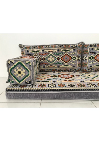 Turkıshrug Kıngdom 10 Cm Süngerli Otantik Şark Köşesi Takımı Gri Renkli 18 Parça Kilim Ve Puf Dahil Sedir Seti