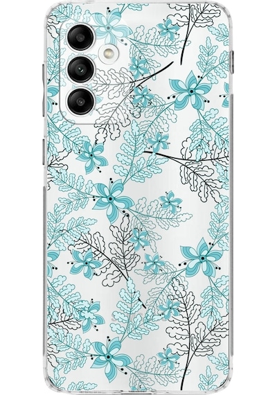 Samsung Galaxy Uyumlu M13 Kamera Korumalı Kapak Floral Su Yeşili Tasarımlı Şeffaf Kılıf