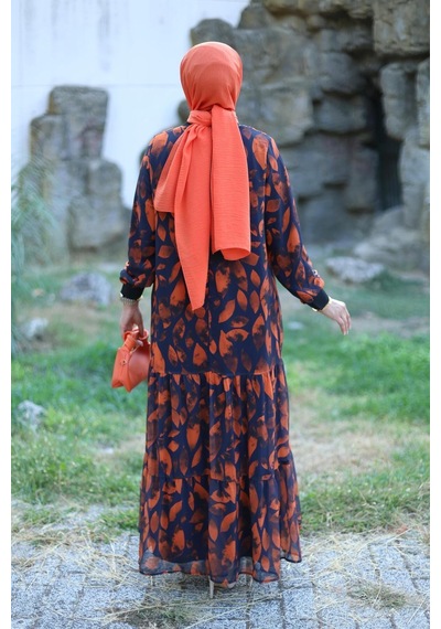 Harman Butik Kadın Astarlı Şifon Desenli Elbise Orange Orange