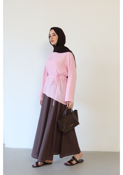 Moonsc Kadın Asimetrik Kesim Bel Bağlamalı Modal Tesettür Tunik Pembe