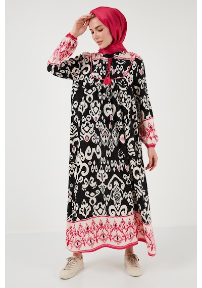 Lela Modest Desenli Regular Fit Bağlamalı V Yaka Maxi Bayan Elbise 611El510 Siyah