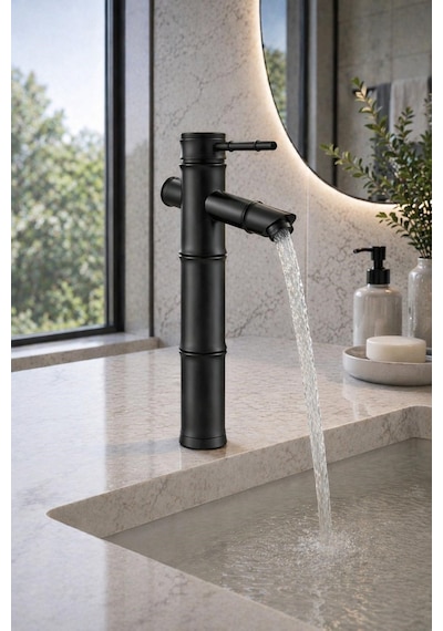 Viosa Lüx Premium Siyah Bambu Çanak Lavabo Bataryası Eskitme Hissiyatlı Uyumlu Mat Siyah Musluk