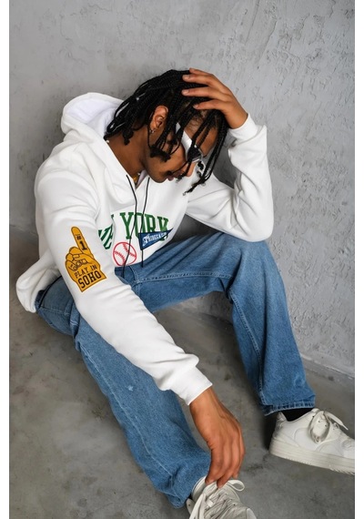 Baskılı Kapüşonlu Sweatshirt - Beyaz - Beyaz